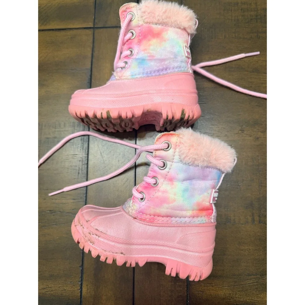 London Fog Girls Pink Tie Dye Faux Fur Winter Snow Boots Size 5 BF2130